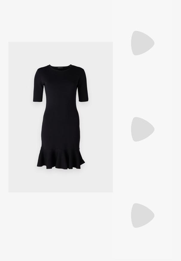 Armani Exchange DRESS - Vestido direito - black; Sapato de salto alto em pele preta com bico fino, salto baixo e textura suave. Apresenta uma ligeira abertura na parte da frente e mínima ferragem na parte de trás.; Bolsa de pele corcunda preta com textura de crocodilo, formato curvo, detalhes em metal dourado, alça ajustável e logotipo na parte da frente.; Brincos em metal dourado com forma de arco alongado e curvado. Apresentam uma superfície lisa e brilhante, com uma ponta arredondada para um detalhe adicional.