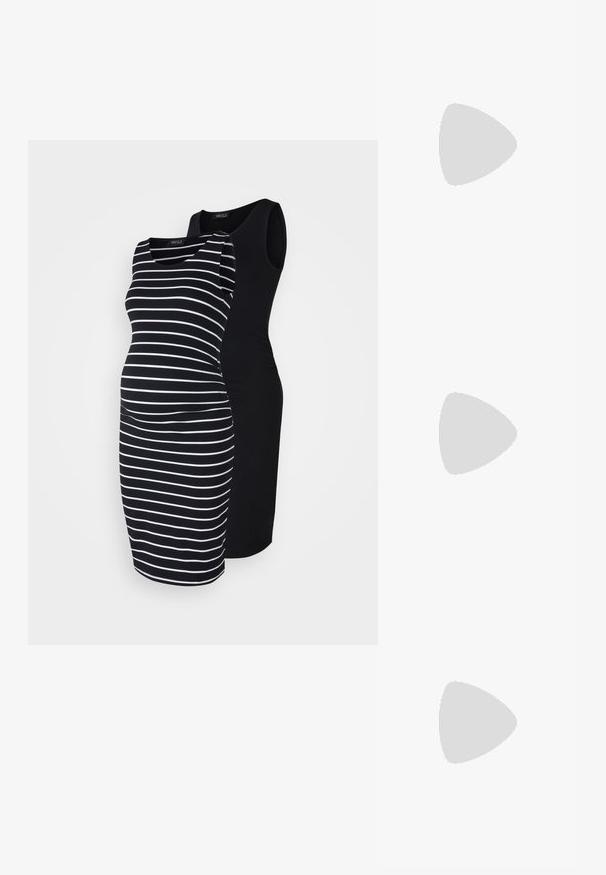 Anna Field MAMA 2 PACK - Šaty do práce - black/white; Čierne sandále na vysokom podpätku so štvorcovou špičkou a nízkym blokovým podpätkom. Obsahujú viacero tenkých popruhov a nastaviteľný členkový popruh. Vyrobené z hladkej kože.; Čierna kožená crossbody taška s hladkou textúrou, obdĺžnikovým tvarom a kovovým reťazovým detailom na prednej strane. Súčasťou je nastaviteľný popruh.; Strieborné visACIE náušnice so štvorcovým študom, s hladkým, lešteným povrchom a tvarom kvapky, odrážajúce svetlo s lesklým povrchom.
