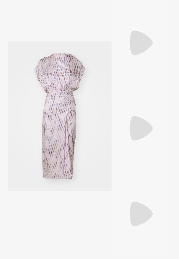 Light purple dress with a relaxed fit, featuring a textured fabric, vertical patterns, and a gathered waist for shaping.; Black leather slingback shoe with pointed toe, slender heel, and gold-tone hardware accent on the vamp. Smooth texture and structured design.; Black leather handbag with a textured finish, featuring two top handles, a detachable shoulder strap, and a silver clasp detail.; Gold hoop earrings with a smooth, rounded design and a shiny finish, featuring a clasp for securing. Engraved with "DKNY."