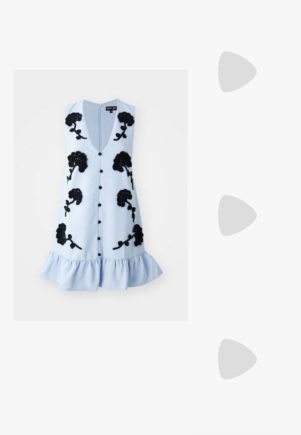 Light blue dress featuring a deep V-neck, black floral embroidery, front button closure, and a ruffled hem. Fabric appears textured.; White high-heeled sandal with a chunky heel, featuring a strappy design and ankle tie. Smooth texture with a platform front for added height.; Woven straw handbag with a curved silhouette, featuring a smooth black leather strap and a matching small pouch attached by a wrist strap.; Gold-tone hoop earrings with a smooth, polished finish. Features a half-circle shape and a secure post closure.
