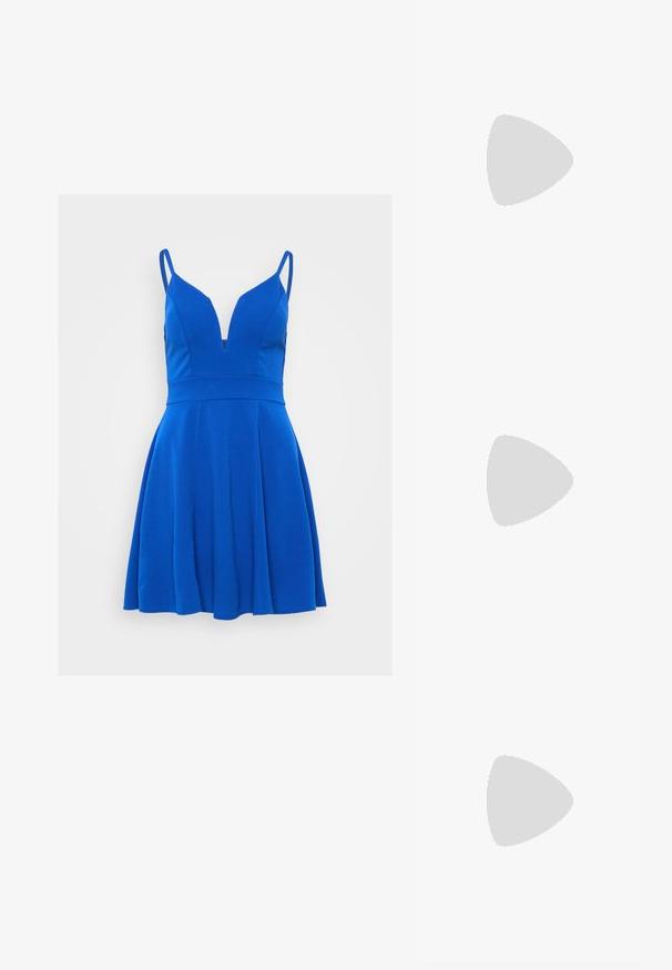 Blue sleeveless dress with a plunging neckline, fitted bodice, and flared skirt. Smooth fabric with no visible patterns or accents.; Black patent leather slingback shoes with a pointed toe, silver hardware detail, and a low block heel. Smooth, shiny texture throughout.; Black leather crossbody bag featuring a smooth texture, rectangular shape, and a metallic chain detail on the front. Adjustable strap included.; Silver drop earrings with a square stud, featuring a smooth, polished finish and a teardrop shape, reflecting light with a glossy surface.
