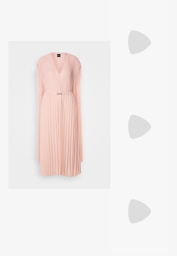 Pleated dress in soft pink fabric with a deep V-neck. Features long sleeves and a cinched waist with a silver-tone belt detail.; Black heeled mules with a textured fabric upper, open toe design, and a square block heel. Sleek and minimalist silhouette.; Black leather tote bag with a textured finish, featuring a logo emblem in the center and contrasting stitching. Two long handles for carrying.; Silver metal hoop earrings with a smooth, shiny surface and a structured, rounded design. Features a hinged clasp for secure wear.
