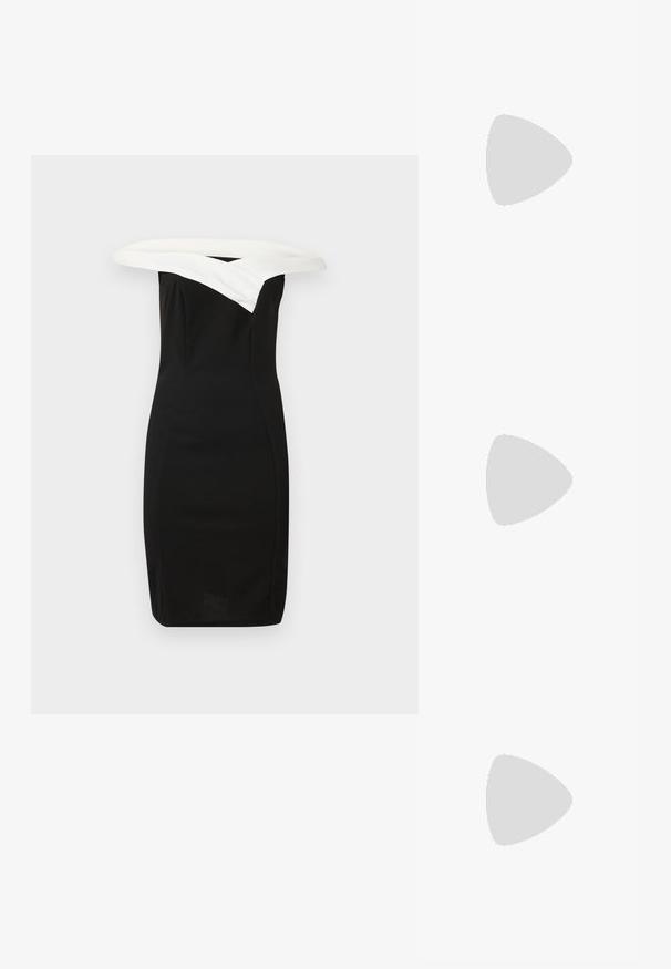 Crna uska haljina s bijelim ovratom bez naramenica, elegantnog dizajna i glatke teksture, koja prikazuje modernu siluetu.; Crne lakirane slingback visoke potpetice s šiljastim vrhom, zaobljenim izrezom i blok potpeticom. Sadrži akcent zlatnog tona s kopčom.; Crne prevelike sunčane naočale s gradijentnim lećama, debelim okvirom i zlatnim lancem kao detaljem na krakovima.; Crna torba s oblikom koji sadrži strukturu, glađu teksturu i metalnu kopču. Uparena s širokim crnim hlačama i sandalama na otvorenom s drvenog poda.