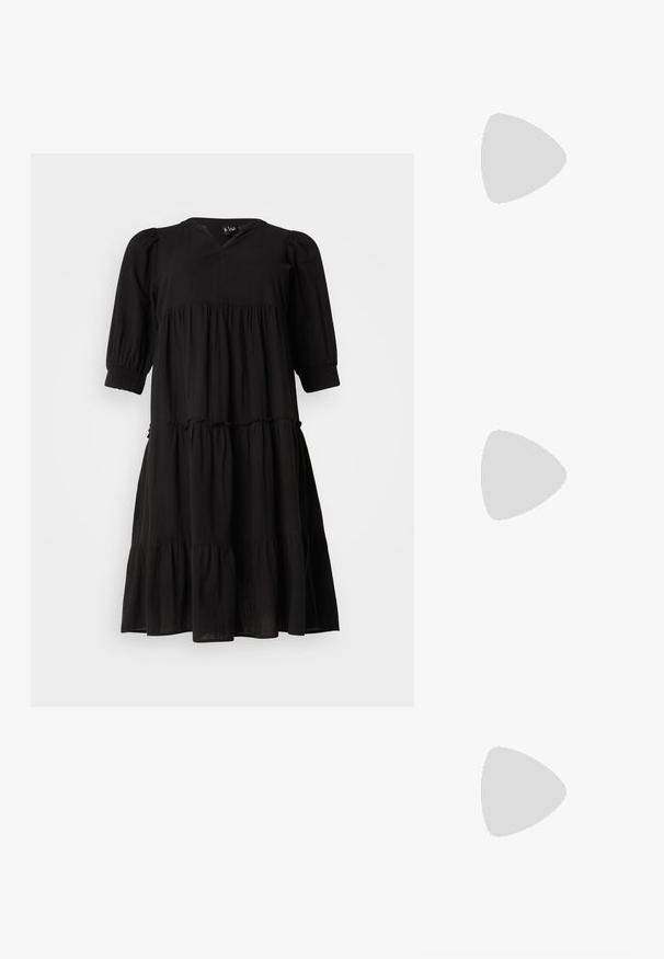 Black tiered dress with a V-neckline, puff sleeves, and elastic cuffs. Made of a lightweight fabric, featuring a flowing silhouette and subtle texture.; Black patent leather slingback heels with a pointed toe, a rounded cutout design, and a block heel. Features a gold-tone buckle accent.; Tortoiseshell sunglasses with a rounded, chunky frame and brown lenses. Features subtle patterns and straight, tapered arms.; Set of 16 silver bangles with various textures, including smooth, twisted, and beaded patterns, arranged in four rows on a white background.