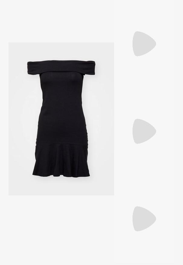 Black off-the-shoulder dress made of soft fabric. Fitted bodice with a flared ruffle hem. Smooth texture and simple design.; Gold, metallic slingback heels with a pointed toe and chunky heel. Smooth texture, minimalistic design, and a narrow strap.; Black leather handbag with a curved shape, detachable strap, and gold hardware. The bag features a flap with a buckle detail.; Gold-tone metal earring with a sleek, curved design. Features a distinctive pointed shape, polished surface, and hinge closure.