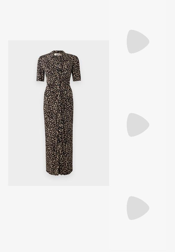 Diane von Furstenberg ZOEY DRESS - Džersio suknelė - brown; Balta trumpa rankovėmis marškinėliai, pagaminti iš pasiruošusio audinio. Apvali iškirptė, reguliari tinkamumas ir subtilūs siuvimo detalės. Be raštų ar grafikos.; Juodai odiniai baletai su apvaliu pirštu, lygi texture, minimalus siuvimo detales ir lanksčiu padų dizainu.; Nanushka JEN - Rankinė - black