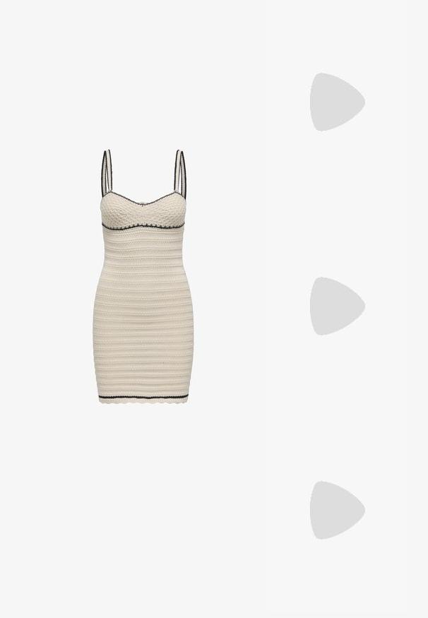 White knit dress with a fitted shape, features thin straps, a scalloped hem, and contrasting black trim along the neckline and hem.; Black patent leather slingback heels with a pointed toe and a geometric block heel. Features a sleek, minimal design and smooth texture.; Black leather handbag with a curved shape, detachable strap, and gold hardware. The bag features a flap with a buckle detail.; Three pairs of earrings: large white pearl studs, gold hoops with clear gemstones, and two long, straight gold accent earrings with sparkly details.
