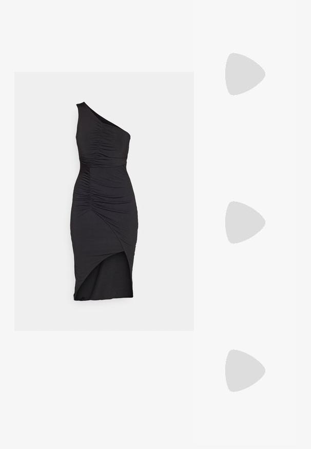 Fekete, egyvállas ruha rugalmas anyagból, összegyűrt részletekkel, aszimmetrikus aljal és testhez álló szabással.; Fehér slingback sarok, hegyes orral, sima felső anyaggal, alacsony blokk sarkával és oldalsó kivágott dizájnnal, állítható csatpánttal.; Kerek napszemüveg sötét lencsékkel és arany kerettel. A modellen világoskék, bordázott kardigán van gombokkal és kontrasztos fehér ujjaival.; Beige süveg clutch arany lánc pánttal és téglalap alakú hardver díszítéssel. Jellemzője a hajtogatott fedél, ferde élekkel és varrási részletekkel.