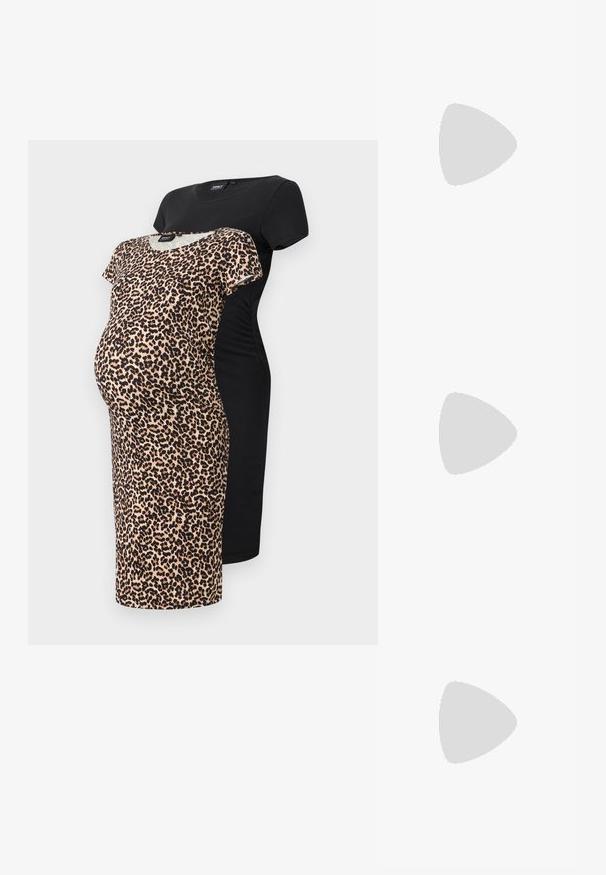 Maternitātes kleitu komplekts, kas sastāv no divām kleitām: viena melna un viena leopardu rakstā. Abas ir izgatavotas no mīksta auduma, kas paredzēts komfortam grūtniecības laikā.; Melns patentēts ādas sandales ar norādīta pirksta formu, noapaļotu izgriezuma dizainu un bloķētu papēdi. Iezīmēta ar zelta toņa sprādzi.; Melni pārmērīgi lieli saulesbrilles ar gradāciju lēcām, biezām rāmja malām un zeltainas krāsas ķēžu detaļām uz tempļiem.; Melnā somiņa, kas izgatavota no sintētiska materiāla, ar vienkāršu taisnstūra formu, zelta kvadrātveida akcentiem un divām rokturiem.