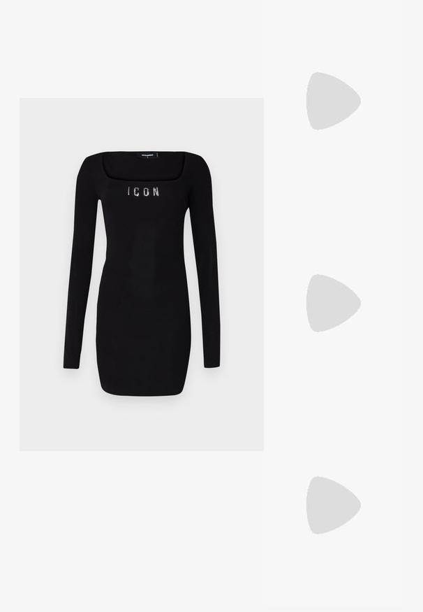 Black long-sleeve dress with a square neckline, featuring 'ICON' in rhinestones across the chest, made of a smooth, stretchy fabric.; White short-sleeve t-shirt made of ribbed fabric. Round neckline, regular fit, and subtle stitching details. No patterns or graphics.; Black leather ballet flat with a rounded toe, smooth texture, minimal stitching detail, and a flexible sole design.; Brown leather handbag with a flap closure, gold-tone hardware, a shoulder strap, and a smooth texture. Compact rectangular shape.