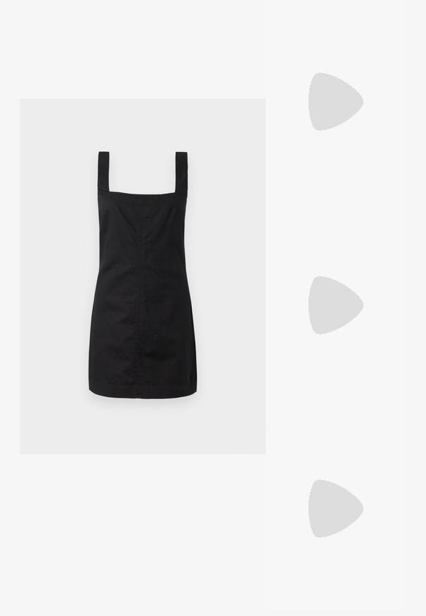Musta hihaton mekko, jossa on neliömäinen pääntie, valmistettu sileästä kankaasta. Mekossa on muotoiltu siluetti ja se ulottuu keskipolven ylle.; Mustat nahkakengät korkealla korolla, terävä kärki, sileä pinta ja kapeneva korko. Minimalistinen muotoilu, ei ylimääräisiä koristeita.; Musta nahkainen olkalaukku, jossa on pehmeä rakenne, kolmion muoto ja säädettävä hihna, yhdistettynä vaaleansiniseen raidalliseen paitaan ja valkoisiin housuihin.; HopeHope hope hope Hopehope hope hope Hope hope Hope hope hope hope Hopehope hope hope Hope