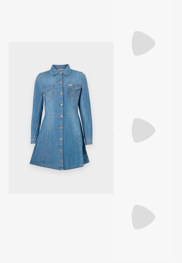 Blue denim dress with long sleeves, button front, two chest pockets, and a flared skirt. Features copper-tone buttons and contrast stitching.; White cotton t-shirt featuring a large, bright red lobster graphic on the front. Short sleeves and standard crew neck design.; White high-top canvas sneaker with black rubber sole, front rubber toe cap, and six eyelets for laces, featuring a clean, minimalist design.; Red leather handbag with an angular, geometric design. Features a single adjustable strap and a flap closure with stitched detailing.