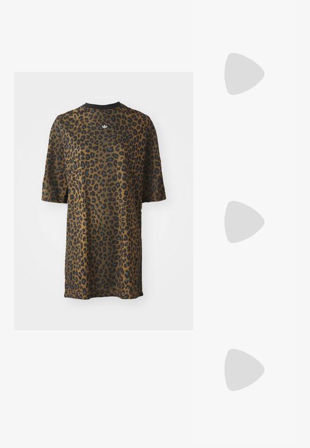Leopard print t-shirt with short sleeves, in shades of brown and black, featuring a round neckline and embroidered logo in center.; Gold vegan leather sandals with two adjustable straps, cork footbed, and dark rubber sole. Smooth texture with metallic finish.; Rectangular sunglasses with tortoiseshell plastic frame, dark lenses, and silver accents on the sides. Made in Italy.; Brown leather crossbody bag with logo pattern, gold chain strap, zipper closure, and gold hardware accents. Compact and rectangular shape.