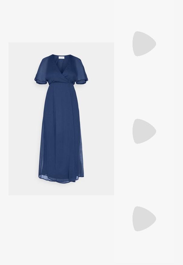 Navy blue long dress with wrap design, short flutter sleeves, and a flowing A-line silhouette. Made of lightweight, slightly textured fabric.; Pointed-toe high heel shoe with a silver, gold, and nude color scheme. Glossy finish with cutout design, featuring a stiletto heel.; Silver metallic pouch bag with a soft, rounded shape and a knotted top closure. Made from smooth faux leather material.; Silver hoop earrings with a twisted design, featuring a polished finish and post-back closure. Measure approximately 3 cm in diameter.