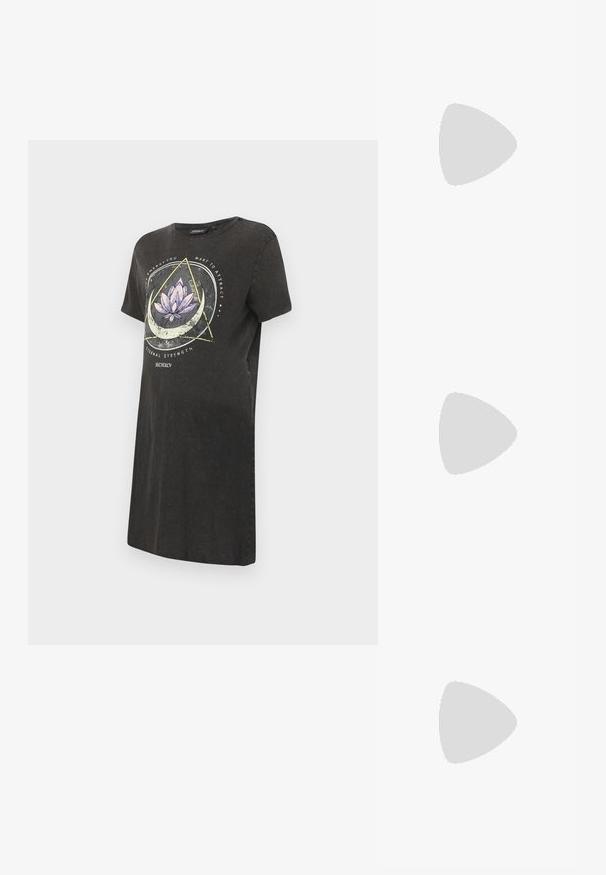 Black t-shirt dress featuring a lotus flower graphic in purple and white, with geometric designs and text on the front. Short sleeves, crew neckline.; Black ribbed maternity t-shirt with short sleeves, scalloped hem, and fitted design to accommodate a growing belly. Smooth texture.; White sneaker made of smooth synthetic material, featuring a rounded toe, lace-up design, flat sole, and subtle perforated detailing.; Brown suede tote bag with a soft texture, featuring a single shoulder strap and a subtle curved top opening. No visible hardware details.