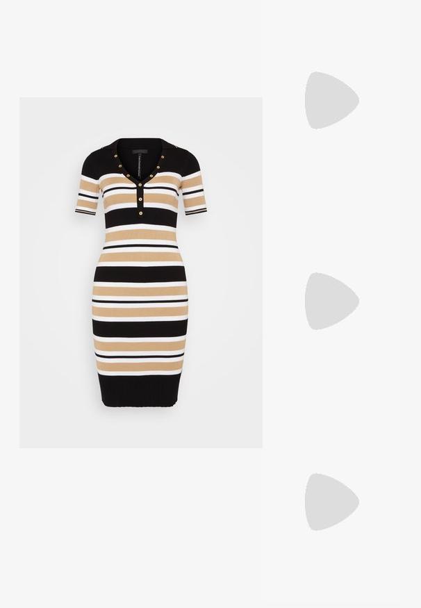 Abito lavorato a maglia a righe nere, beige e bianche con maniche corte, colletto e dettagli in oro sui bottoni. Design aderente con orlo a coste.; Scarpa slingback nera con punta affilata e tacco basso, realizzata in pelle liscia e con un design a taglio laterale per favorire la traspirabilità.; Borsa a tracolla in pelle nera con una texture morbida, forma triangolare e tracolla regolabile, abbinata a una camicia a righe blu chiaro e pantaloni bianchi.; Orecchini a cerchio argentati con un design liscio e curvo. Presentano una finitura metallica lucida e una chiusura a perno. Nessun motivo o accentuazione visibile.