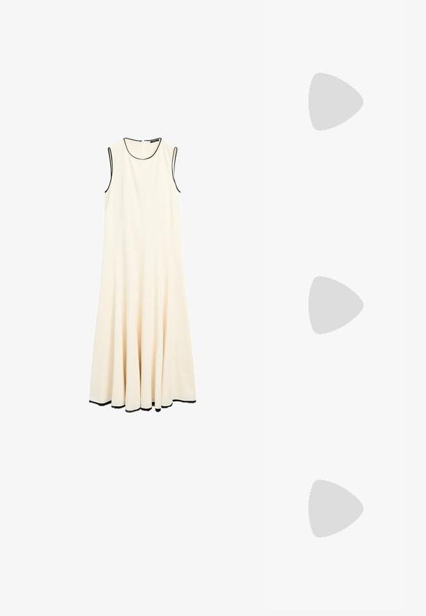 Robe sans manches, longueur genoux en tissu blanc cassé avec un col rond et des bordures noires le long des bords. Jupe évasée pour plus de mouvement.; Escarpin en cuir verni noir à talon haut, avec un bout pointu, une bride réglable à la cheville et des côtés ouverts. Texture lisse.; Lunettes de soleil rectangulaires noires avec de fines montures en métal doré, dotées de verres colorés et de petits accents décoratifs sur les côtés.; Sac à main en cuir beige avec une forme unique, doté de deux poignées courtes et d'une longue sangle réglable. Texture lisse avec un minimum de matériel.