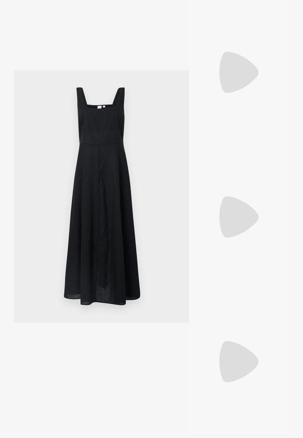 Rochie neagră din in cu decolteu pătrat, bretele late și o fustă fluidă care ajunge până la jumătatea gambei. Design minimalist fără modele vizibile.; Tricou alb din bumbac, cu un grafic mare, viu colorat de homar roșu pe față. Mâneci scurte și un guler standard de tip crew neck.; Adidași albi tip pantofi sport cu glezna din pânză, cu talpă din cauciuc negru, capac de vârf din cauciuc frontal și șase ochiuri pentru șireturi, având un design curat și minimalist.; Geantă de mână din piele roșie, cu un design unghiular și geometric. Dispune de o singură curea ajustabilă și un sistem de închidere cu clapetă, cu detalii cusute.