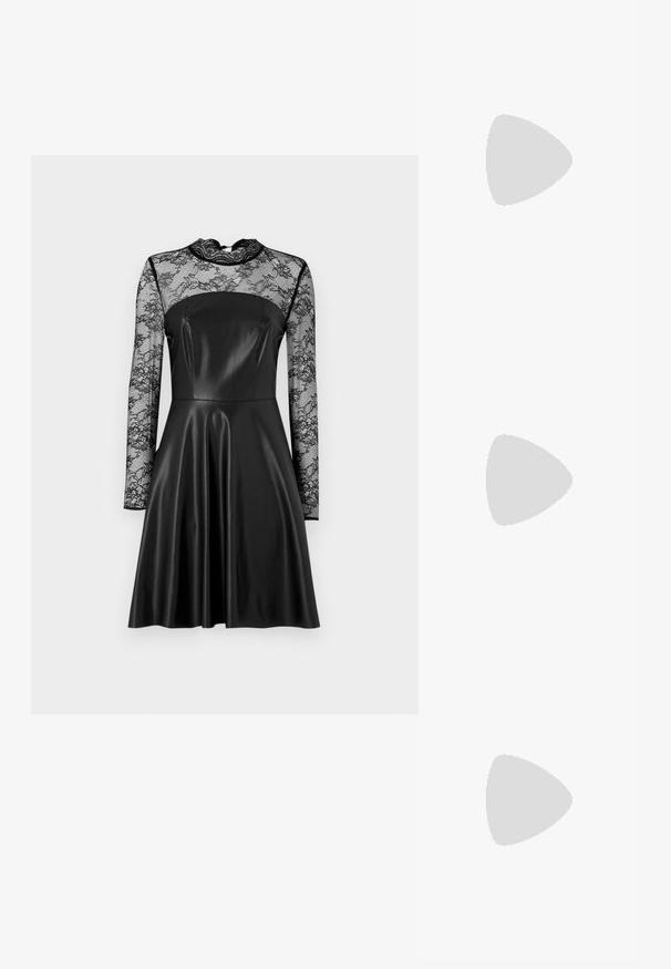 Robe noire avec un corsage en cuir ajusté et de longues manches en dentelle. Présente un col montant et une jupe évasée, mettant en valeur des détails en dentelle complexes.; Chaussure slingback en cuir verni noir avec un embout pointu, des brides de cheville avec des boucles en argent et des éléments en métal, et un talon fin.; Sac à main noir en simili cuir avec un accent en argent en forme d'étoile, deux poignées et une bandoulière réglable.; Boucles d'oreilles dorées présentant des formes texturées et ondulées. Comprend des clips sculpturaux et un design de créoles ouvertes avec une finition martelée.