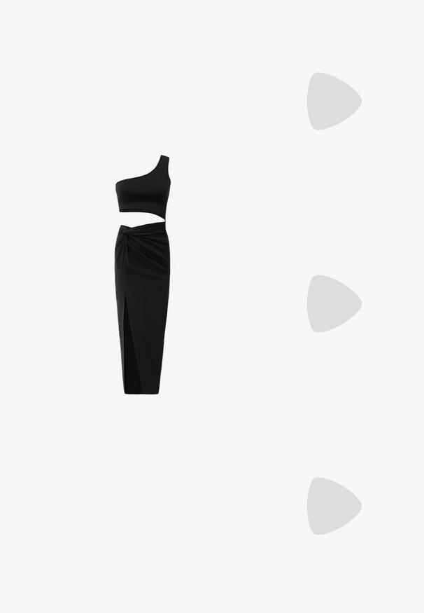 Musta kaksiosainen asu, jossa on yksiolkapäinen crop-top ja korkeavyötäröinen hame, jossa on kierretty yksityiskohta ja sivuaukko. Sujuva kangas.; Valkoinen korkokenkä sileästä materiaalista, jossa on terävä kärki ja nilkkahihna. Sisäosa on vaaleanruskea, ja siinä on kultasävyinen koriste.; Kultainen metallinen käsilaukku, jossa on jämäkkä muotoilu, sileä pinta ja säädettävä olkahihna. Sisältää ainutlaatuisen kolmiomaisen muodon ja minimalistisen tikkaustyylin.; Kultaketju, jossa on orgaaninen, kierretty muotoilu, sileä pinta ja cappatut päät, luoden modernin, veistoksellisen ilmeen.