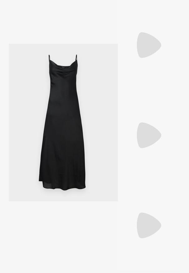 Fekete selyemdressz vékony pántokkal, kerek nyakkivágással és folyékony szilhuettel. Az anyag sima, fénylő textúrájú.; Fekete magas sarkú szandálok vékony pántokkal, csomózott mintával, sima négyzetes orral és karcsú stiletto sarkal rendelkeznek.; Világosszürke fémes kézitáska lánc pánttal, kis kör alakú fém kifinomult díszítéssel és háromszög alakú márkagéppel.; Ezüst karika fülbevalók sima, fényes felülettel. Lekerekített forma, könnyű kialakítással, tűs zárómechanizmussal.