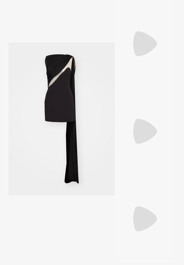 Black strapless dress with draped fabric, featuring a contrasting beige accent. Smooth texture with a flowing side panel for added detail.; Black leather slingback shoe with a pointed toe, slim high heel, and a decorative bow accent. Smooth texture and sleek design.; Silver metallic shoulder bag with a smooth texture, curved design, chain strap, and a polished front panel featuring a subtle logo engraving.; Silver earrings with a flowing, spiral design. Smooth texture with a polished finish. Features a subtle sheen and no visible embellishments.