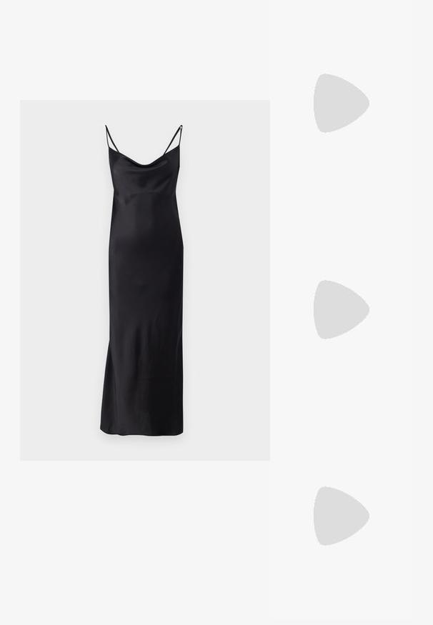 Black satin dress with a cowl neckline, thin adjustable straps, and a straight silhouette extending to the mid-calf, smooth texture.; Black high-heeled sandals feature thin straps with a knotted design, a smooth square toe, and a sleek stiletto heel.; Light gray metallic handbag featuring a chain strap, embellished with small circular metallic studs and a triangular brand logo.; Silver hoop earrings with a smooth, shiny finish. Rounded shape, lightweight design, featuring a post-back closure.