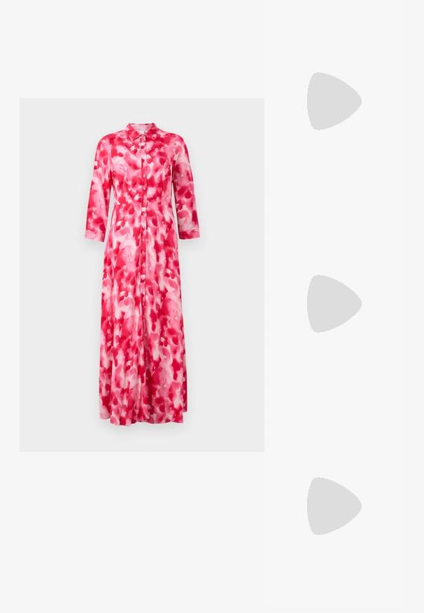 Lång knapp-up klänning i rosa nyanser med ett akvarellmönster. Har en krage och långa ärmar, tillverkad av ett lätt material.; Vit bomull t-shirt med en stor, lysande röd hummergrafik på framsidan. Kortsleeves och standard rundad halsdesign.; Vit hög topp canvas sneaker med svart gummisulan, framsidan gummitåhätta och sex öglor för snören, med en ren, minimalistisk design.; Röd läderhandväska med en vinkelrät, geometrisk design. Har ett justerbart axelband och en klaffstängning med sydda detaljer.