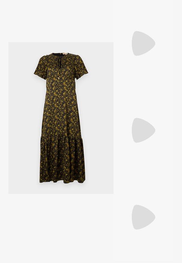 Rochie maxi florală cu mâneci scurte, bază neagră, flori galbene, decolteu rotund, tiv în straturi și detaliu cu sfoară la gât.; Pantofi cu toc slingback negri din patent, cu vârf ascuțit, cu imprimeu de șarpe texturat, curea ajustabilă și toc scurt texturat.; Geantă neagră din piele, tip crossbody, cu două buzunare frontale, catarame aurii, închidere cu fermoar și o curea subțire. Suprafață texturată și formă rectangulară compactă.; Cercei din metal auriu, cu un design curbat și alungit. Au o suprafață netedă și strălucitoare, cu un vârf rotunjit pentru un detaliu suplimentar.