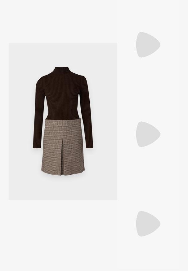 Brown ribbed turtleneck top paired with a plaid skirt featuring a pleat detail, both made from soft, textured fabric.; Black patent slingback heel with a pointed toe, featuring textured snake print, adjustable strap, and a short, textured block heel.; Black leather crossbody bag with two front pockets, gold buckles, zipper closure, and a slim strap. Textured surface and compact rectangular shape.; Gold-tone metal hoop earrings with a curved, elongated shape. Features a smooth, shiny surface and a rounded tip for added detail.