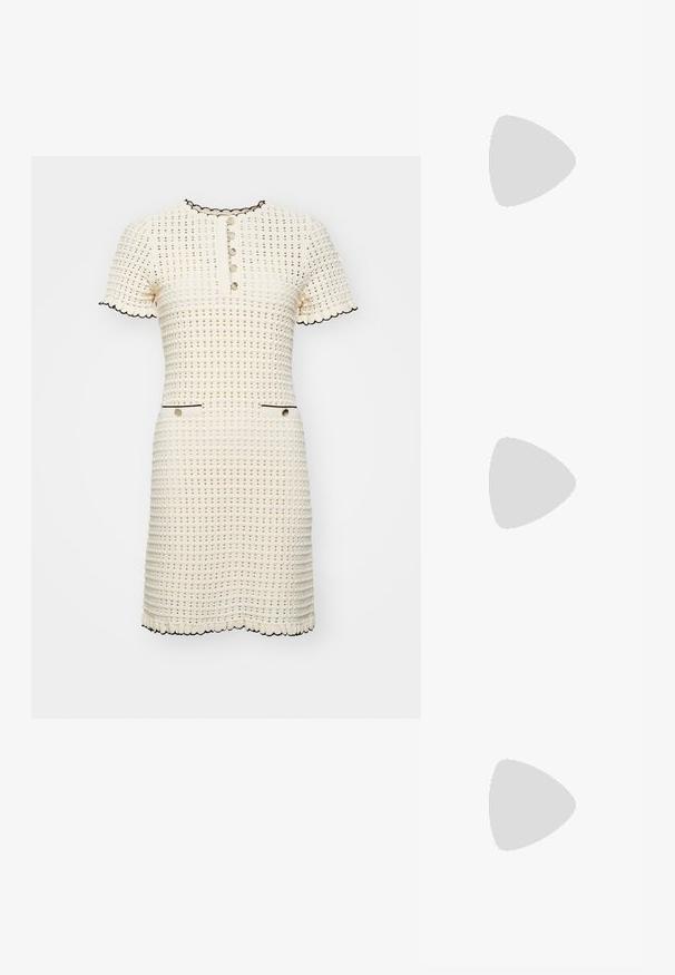 sandro ROBE ENCOLURE TUNISIEN - Pulóverruha - vanille; Leopárdmintás, négyzetes orrú magassarkú szandál, több pánttal és közepes magasságú sarkával. Puha textilből készült.; Macska szemformájú napszemüveg matt fekete műanyag kerettel, sötét lencsékkel és arany logóval a szárán. Szögletes kialakítás és sima felület.; Barna bőr keresztpántos táska logómintával, arany láncos pánttal, cipzáras záródással és arany fémkiegészítőkkel. Kompakt és téglalap alakú dizájn.