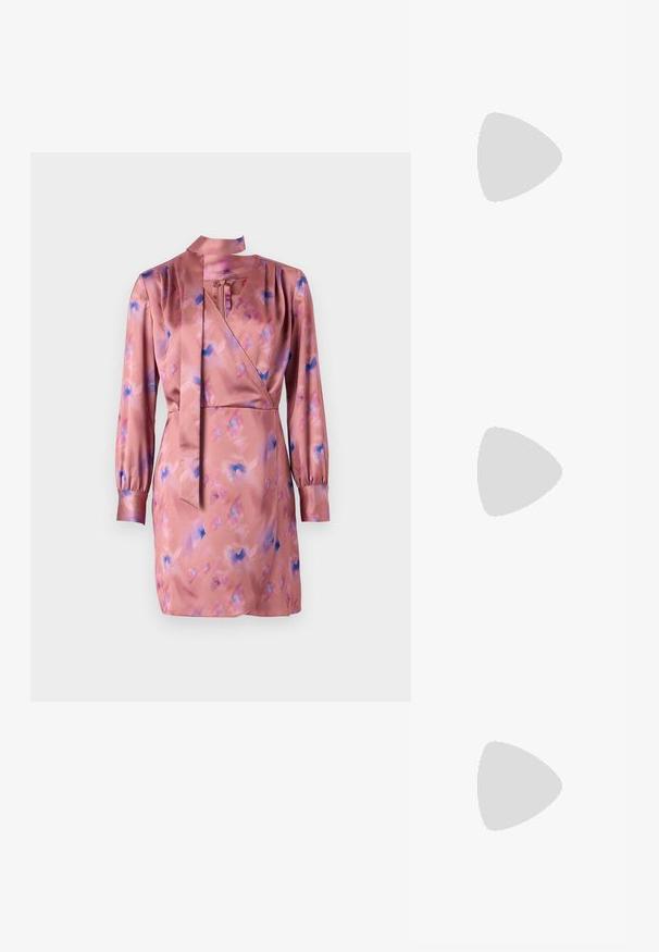 Satin wrap dress in soft pink with blue and purple abstract patterns, long sleeves, and a tie neck detail. Hemline falls above the knee.; Black high-heeled sandals feature thin straps with a knotted design, a smooth square toe, and a sleek stiletto heel.; Light gray metallic handbag featuring a chain strap, embellished with small circular metallic studs and a triangular brand logo.; Silver hoop earrings with a smooth, shiny finish. Rounded shape, lightweight design, featuring a post-back closure.