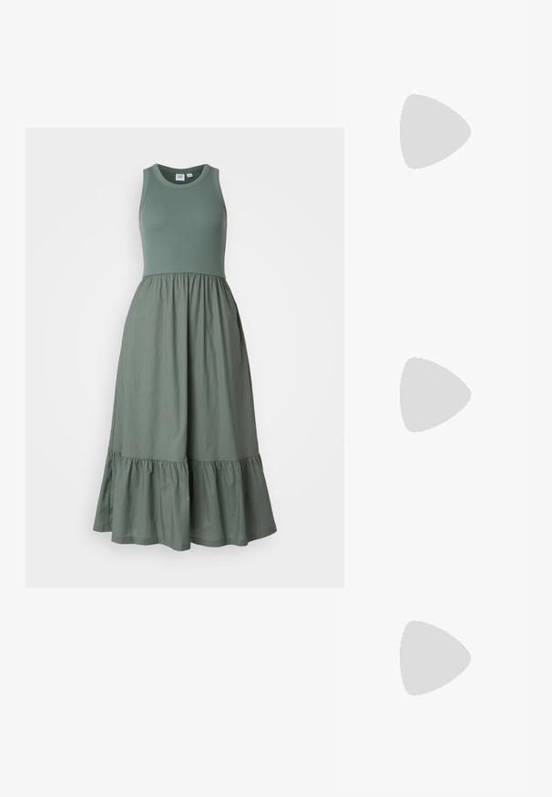GAP MIDI DRESS - Nappali ruha - laurel wreath; Barna bőr cowboy csizmák hegyes orral és blokk sarkal, részletes varrással és kiemelkedő díszítésekkel a szárán.; Kerek napszemüveg zöld lencsékkel, arany színű fém kerettel és teknősbéka minta dűzni hegyekkel. Comfortos orrpárnákkal rendelkezik.; Fekete hobo táska sima bőrszerű anyagból, csavarodott füllel, puha, lekerekített formával és felső cipzárral záródik.