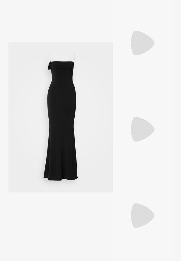 Black, form-fitting, floor-length dress with spaghetti straps and a bow detail on one shoulder. Made from smooth, stretchy fabric.; Even&Odd Classic heels - dark brown; Even&Odd ANIMAL PRINT - Handbag - brown; Silver double-band ring with a smooth, polished surface. Features a fluid, curved design with overlapping sections for a modern look.; Silver double-band ring with a smooth, polished surface. Features a fluid, curved design with overlapping sections for a modern look.; Silver double-band ring with a smooth, polished surface. Features a fluid, curved design with overlapping sections for a modern look.