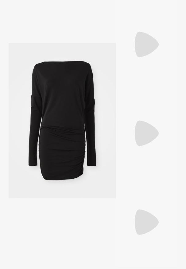 Crna haljina dugih rukava od mekog materijala s izrezom u obliku čamca i skupljenim detaljima sa strane, stvarajući prilagođenu siluetu.; Crvene kožne sandale s otvorenim prstima, s nabranim, plišanim dizajnom i dekorativnom mašnom. Imaju stiletto potpeticu i glatku završnu obradu.; Crvene plastične naočale s pravokutnim okvirom, prozirnim lećama i uskim ručkama. Logo brenda "even&odd" je utisnut na dršku.; Crvena sjajna kožna torba u obliku trokuta, širokog otvora na vrhu i jednim zakrivljenim ručkom. Glatka tekstura s minimalnim detaljima šivanja.