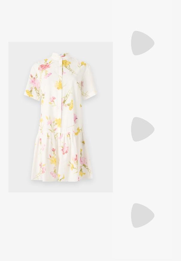Short-sleeve white dress with a floral pattern in pink and yellow, featuring a narrow collar and a gathered tiered skirt design.; Black leather slingback shoe with a pointed toe, featuring a woven accent and pleated upper design. Flat sole with minimal hardware.; Brown leather handbag with a flap closure, gold-tone hardware, a shoulder strap, and a smooth texture. Compact rectangular shape.; Gold-tone knot stud earrings with a twisted design. Each earring features a circular clear backing for secure wear.