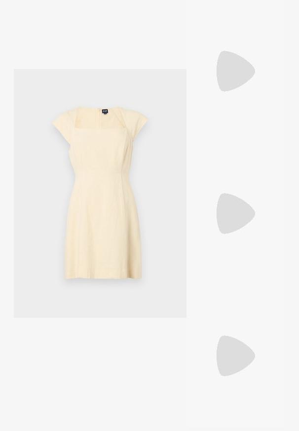 Rochie din in galben deschis cu mâneci scurte, decolteu pătrat, bust ajustat și fustă evazată. Închidere cu fermoar la spate.; Bershka Sandale cu toc - black; Ochelari de soare negri cu lentile de culoare gri. Rama din plastic are margini ascuțite și o finisare netedă, lucioasă.; Geantă de mână bej din piele cu o formă unică, dotată cu două mânere scurte și o curea lungă ajustabilă. Textură netedă, cu hardware minim.