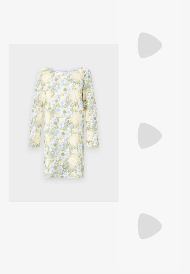 Bruuns Bazaar YVONNE BLUCILLE DRESS - Dnevna haljina - multi coloured; Crne sandale na visokoj potpetici imaju tanke trake s čvorastim dizajnom, glatki kvadratni vrh i elegantnu stiletto petu.; Svijetlosivi metalik ruksač s lancem, ukrašen malim okruglim metalnim zakovicama i trokutastim logotipom marke.; Srebro naušnice u obliku prstena s glatkom, sjajnom završnom obradom. Zaobljenog oblika, laganog dizajna, s kopčom na poleđini.