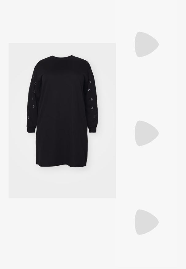 Vero Moda Curve VMCDORA ONECK SHORT DRESS - Vapaa-ajan mekko - black; Mustat hihnalligat, joissa on neliön muotoinen kärki ja matala lohkokorko. Ominaisuuksiin kuuluu useita ohuita hihnoja ja säädettävä nilkkahihna. Valmistettu sileästä nahasta.; Mustan kudotun olkalaukun, jossa on sileä nahkahihna ja vetoketjukiinnitys. Mahdollistaa teksturoituneen pinnan ja kaarevan muodon.; Hopeinen kaksinkertainen rengas, jossa on sileä, kiillotettu pinta. Siinä on sulava, kaareva muotoilu, jossa on päällekkäisiä osia modernin ilmeen saavuttamiseksi.