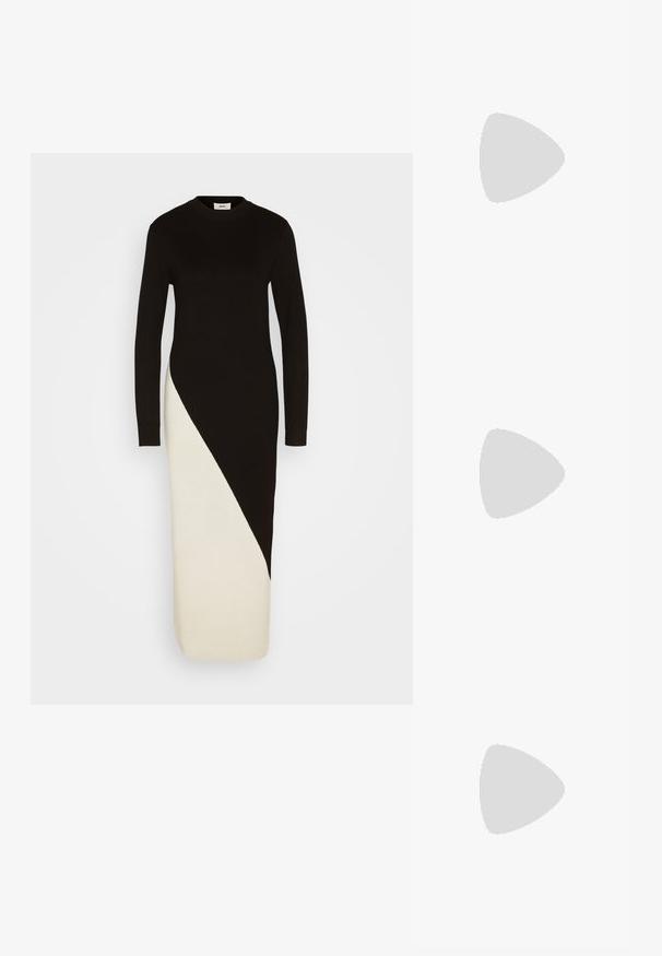 Schwarz- und cremefarbendes Strickkleid mit langen Ärmeln, einer gerippten Textur und einem diagonalen Farbblockdesign von der Taille bis zum Saum.; Sportschuhe mit einem Obermaterial aus weißem Leder, grauer Wildleder-Zehenkappe und drei schwarzen Streifen. Sie verfügen über ein blaues Logo auf der Zunge und eine strukturierte Gummisohle.; Schwarz rechteckiger Schal aus weichem Material, mit einem schlichten Design, leicht fransigen Kanten und einer glatten Textur.; Schwarze Lackleder-Handtasche mit geschwungenem Design, einem Schulterriemen, Vordertaschen und silberfarbenen Hardware-Akzenten.; Goldfarbene mehrschichtige Halskette mit zwei Ketten, eine mit kleinen Perlen und einem runden Anhänger. Mit strukturierten Gliedern und verstellbarem Verschluss.
