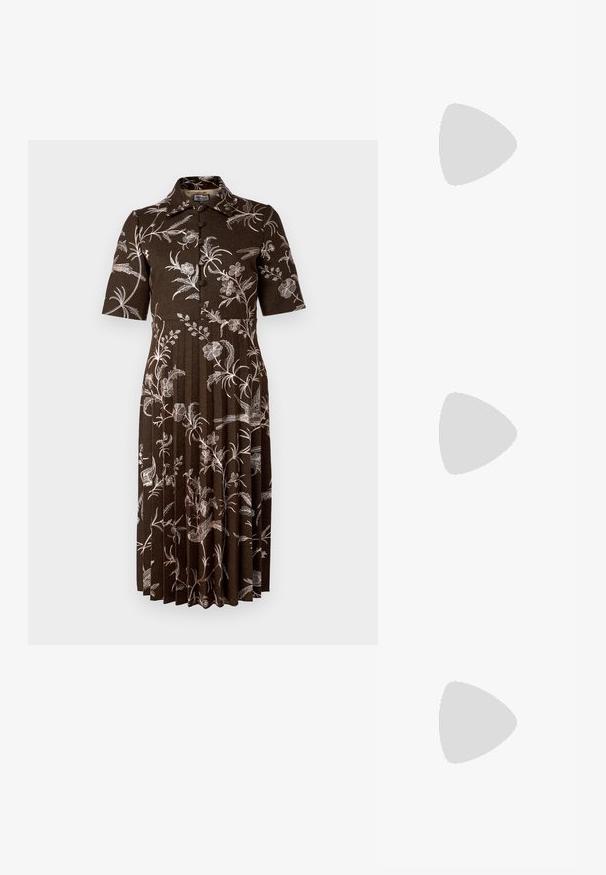 Brown pleated dress featuring a floral design in light shades, short sleeves, a collar, and button closure down the front.; White leather sneakers, low-top design, featuring a smooth texture, round toe, laced front, and a small embroidered logo on the side.; Black leather half-moon bag with a gold hardware accent, featuring a zip closure. Worn crossbody over a gray sweater.; Gold-tone knot stud earrings with a twisted design. Each earring features a circular clear backing for secure wear.