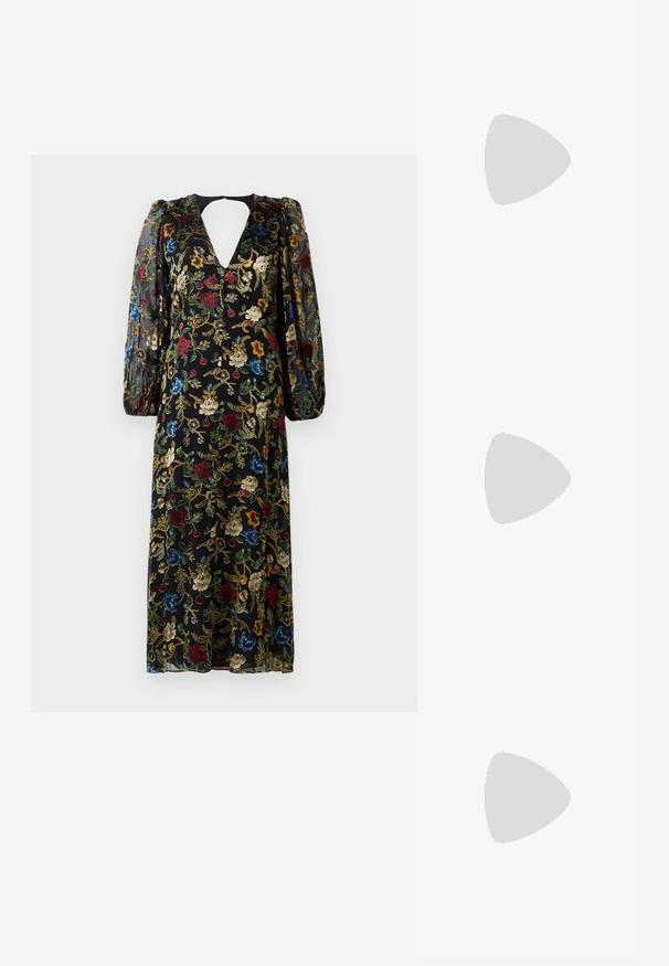 Mustmust lillatäheline kleit, mis on varustatud sügava V-kaelusega ja läbipaistvate, puhvkaantega mansettidega. Kaunistatud mitmevärviliste lillede ja keerukate mustritega.; Must matte musta kõrge kontsaga king, millel on terav varvas ja sujuv siluett. Omab sileda, läikivat viimistlust ja sale stiletto konts.; Hõbedane metallist käekott ahelakäepidemega, koos tepitud tekstuuri, dekoratiivse õmbluse ja lukuga. Esiküljel on embosseeritud aktsendid.; Cult Gaia ASHA BODY JEWELRY - Muu aksessuaar - bright shiny silver-coloured