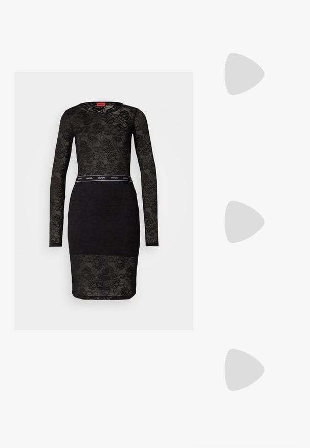 Rochie din dantelă neagră cu mâneci lungi, siluetă ajustată și model floral transparent. Prezintă o bandă din material negru etichetată "HUGO" la talie.; Pantof cu toc mic, cu vârf ascuțit și slingback, realizat din piele netedă, având un design decupat pe lateral pentru respirabilitate.; Geantă de mână din piele neagră, cu o formă curbată, mânere subțiri, fermoar argintiu și logo-ul Calvin Klein pe față. Textură netedă și design minimalist.; Trei inele din metal: unul roz aurie, unul auriu cu accente texturate și unul argintiu, toate cu branding gravat pe banda interioară.