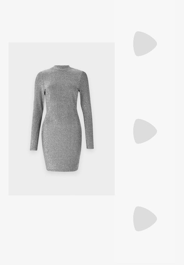 Sølvglitrende kjole med lange ermer, høy hals og tettsittende design. Glatt tekstur og skinnende finish. Ingen mønster eller dekorasjoner.; Spiss-tå høyhælte sko med en fargekomposisjon av sølv, gull og nude. Glanset overflate med utskjæringsdesign, med en stiletto hæl.; Sølvfarget metallisk poseveske med en myk, avrundet form og en knyttet topplukking. Laget av glatt imitert skinn.; Sølv hoops øredobber med en tvistet design, som har en polert finish og bakstøtte. Mål omtrent 3 cm i diameter.