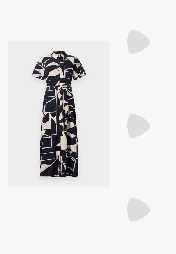 Rochie camasa cu nasturi, de culoare bleumarin si crem, cu un model geometric abstract, maneci scurte, talie accentuata prin bretele si design pe toata lungimea.; Tricou alb din bumbac, cu un grafic mare, viu colorat de homar roșu pe față. Mâneci scurte și un guler standard de tip crew neck.; Adidași albi tip pantofi sport cu glezna din pânză, cu talpă din cauciuc negru, capac de vârf din cauciuc frontal și șase ochiuri pentru șireturi, având un design curat și minimalist.; Geantă de mână din piele roșie, cu un design unghiular și geometric. Dispune de o singură curea ajustabilă și un sistem de închidere cu clapetă, cu detalii cusute.