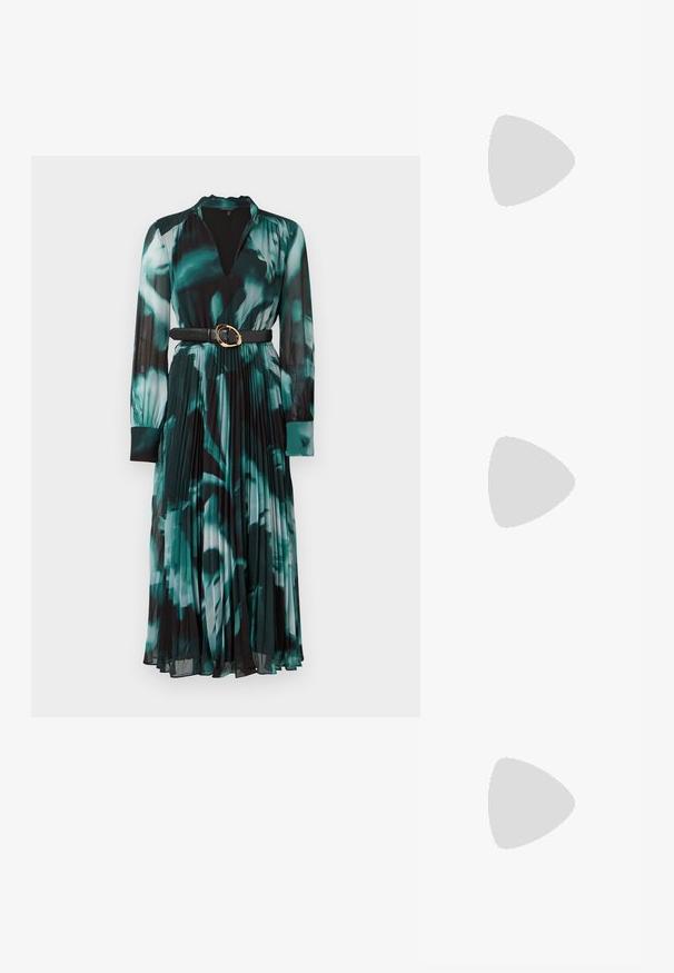 Vestido de manga larga en una estampado floral verde y negro, con escote en forma de V, falda plisada y un cinturón negro con hebilla dorada.; Zapato de charol negro tipo slingback con punta afilada, correas al tobillo con hebillas y herrajes de plata, y un tacón delgado.; Bolso de mano metálico dorado con un diseño estructurado, textura suave y correa ajustable. Presenta una forma triangular única y un cosido minimalista.; Pendientes en tono dorado que presentan formas texturizadas y onduladas. Incluyen aros de clip esculturales y un diseño de aro abierto con un acabado martillado.