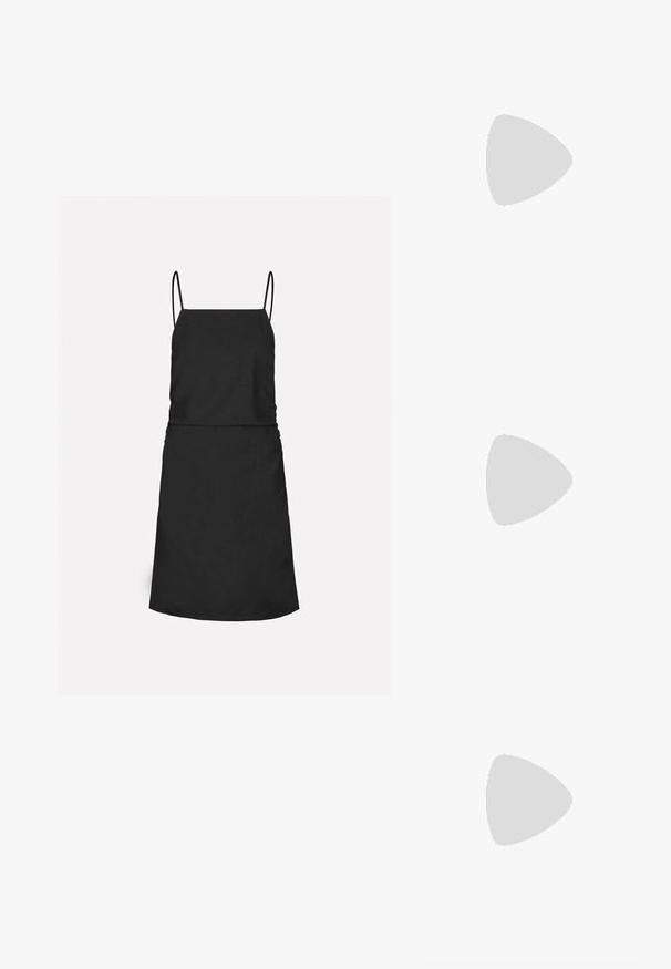 Envii TRIP DRESS - Dnevna haljina - black; ALDO CRERIDE PILLOW WALK - Sandale - beige; Naočale sa velikim, zakrivljenim ljubičastim staklima, srebrnim metalnim naglascima i crnim drškama sa logotipom. Vidljivi su teksturirani detalji na okviru.; Zlatne kružne naušnice, tanke i okrugle, s glatkom metalnom površinom bez ukrasa ili uzoraka.