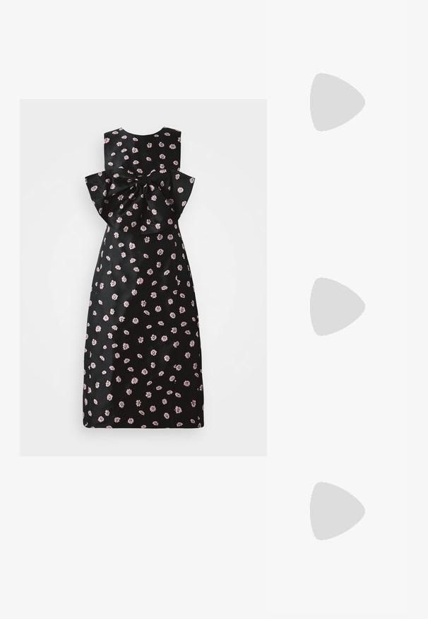 Black dress with pink floral pattern, sleeveless design, and large back bow detail. Smooth texture with a fitted silhouette.; Black patent leather slingback shoe with pointed toe, ankle straps featuring silver buckles and hardware, and a slender heel.; Black leather handbag with a rounded shape, thick handle, and a silver chain strap. Smooth texture with a slight sheen.; Gold-tone earrings featuring textured, wavy shapes. Includes sculptural clip-on studs and open hoop design with a hammered finish.