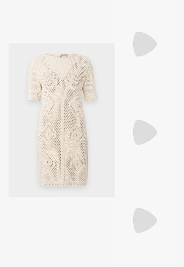 Knit dress in off-white featuring diamond patterns, short sleeves, round neckline, and a loose, breathable texture.; Black high-heeled sandals feature thin straps with a knotted design, a smooth square toe, and a sleek stiletto heel.; Light gray metallic handbag featuring a chain strap, embellished with small circular metallic studs and a triangular brand logo.; Silver hoop earrings with a smooth, shiny finish. Rounded shape, lightweight design, featuring a post-back closure.