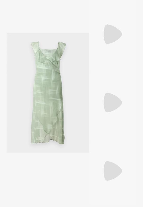 Vihreä mekko kevyestä kankaasta, jossa on neliön muotoinen kaula-aukko, röyhelöstrapit ja epäsymmetrinen helma, jossa on hienovarainen abstrakti kuvio.; Beige patenttaja nahkaslingback-korkokengät, joissa on teräväkärkinen muotoilu ja 5 cm:n korko. Kenkäparissa on leikattuja reunoja ja ohut nilkkaremmi.; Silmärilakkiset tortoiseshell-aurinkolasit, joissa on pitkänomaiset ovaalit linssit, ruskea sävy, kultaiset logo-koristeet temppeleissä ja sulavalinjaiset mustat varret.; Kirkas käsilaukku, joka on valmistettu pienistä, pyöreistä, holhokkaista helmistä. Laukussa on helmimäinen kahva ja suora, jämäkkä muotoilu.